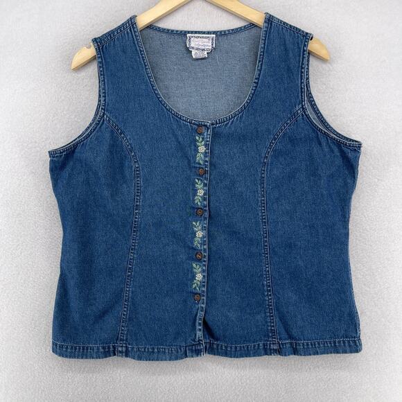 APRIL CORNELL Vest XL Denim Button Up Sleeveless Embroidered Cotton Blue - Picture 1 of 12